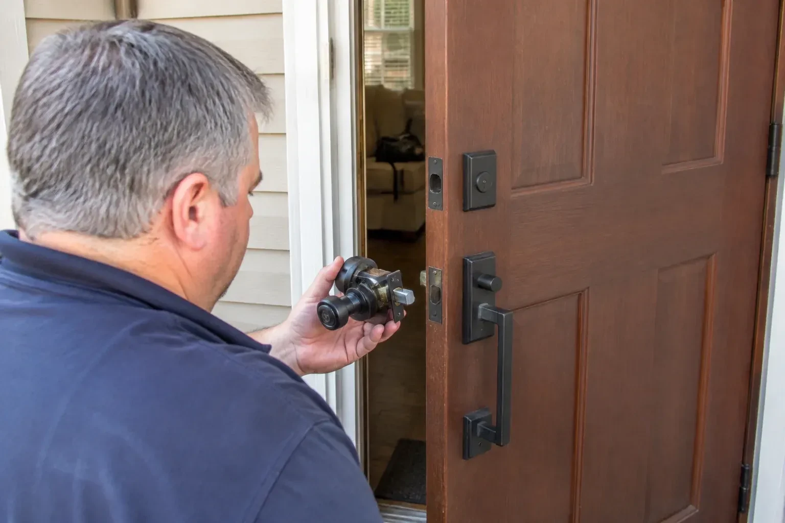 Person holding a removed black lock assembly beside a partly open brown front door with a long black pull handle. — Home Lockout Service, Oakville
