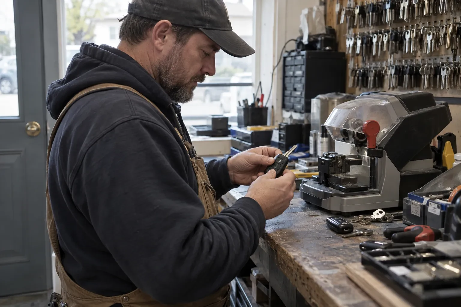 Person in an apron holding a car key fob beside a key-cutting machine, with rows of key blanks on the wall.