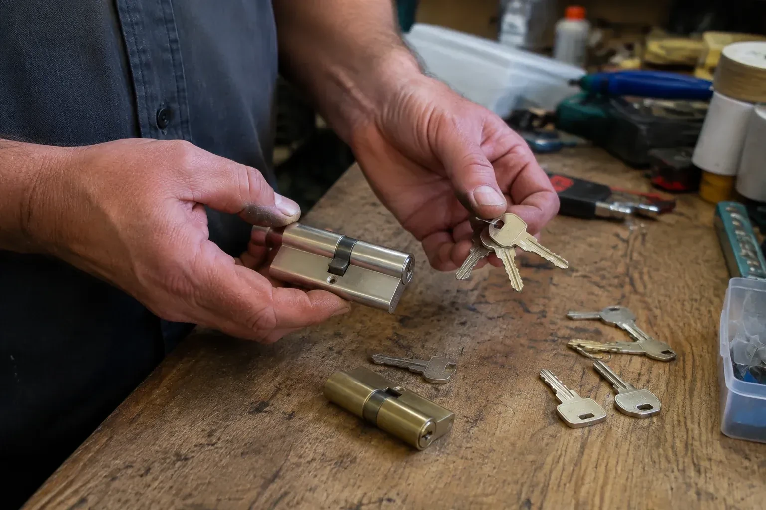 Hands holding a lock cylinder and a ring of keys above a worn workbench with another cylinder and loose keys. — Lock Rekeying, Oakville