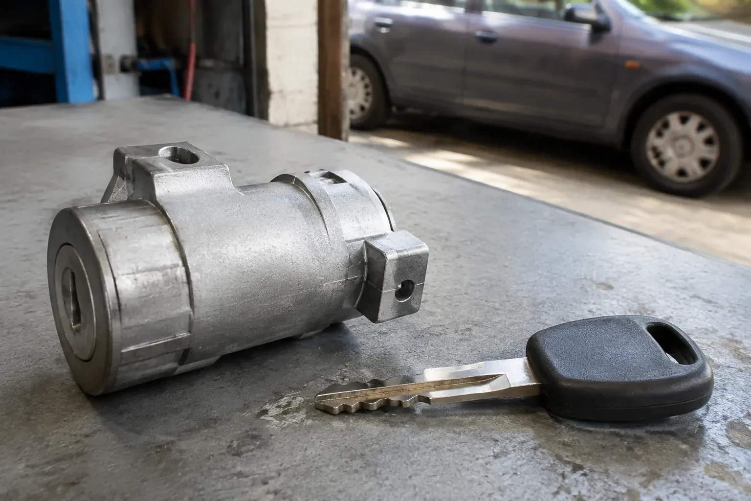 Detached cylindrical lock housing and black-headed key on an automotive workbench. — Ignition Lock Repair, Oakville