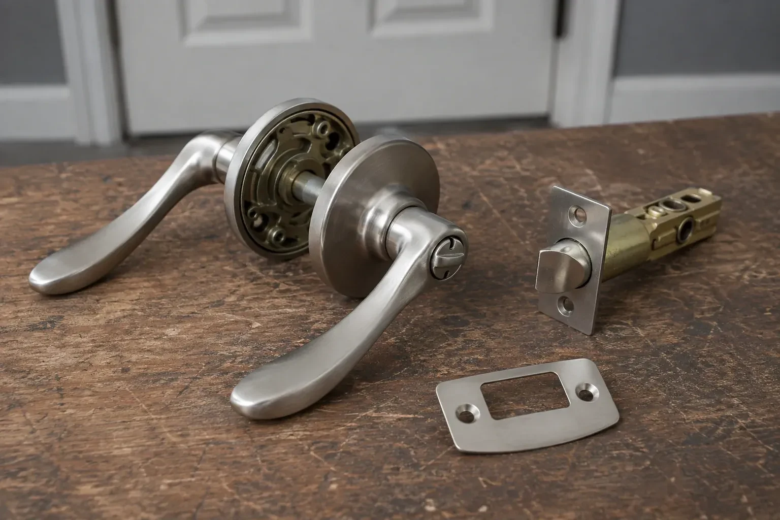 Detached satin-nickel lever hardware, tubular latch and strike plate on a wooden workbench. — Lock Replacement & Upgrade, Oakville