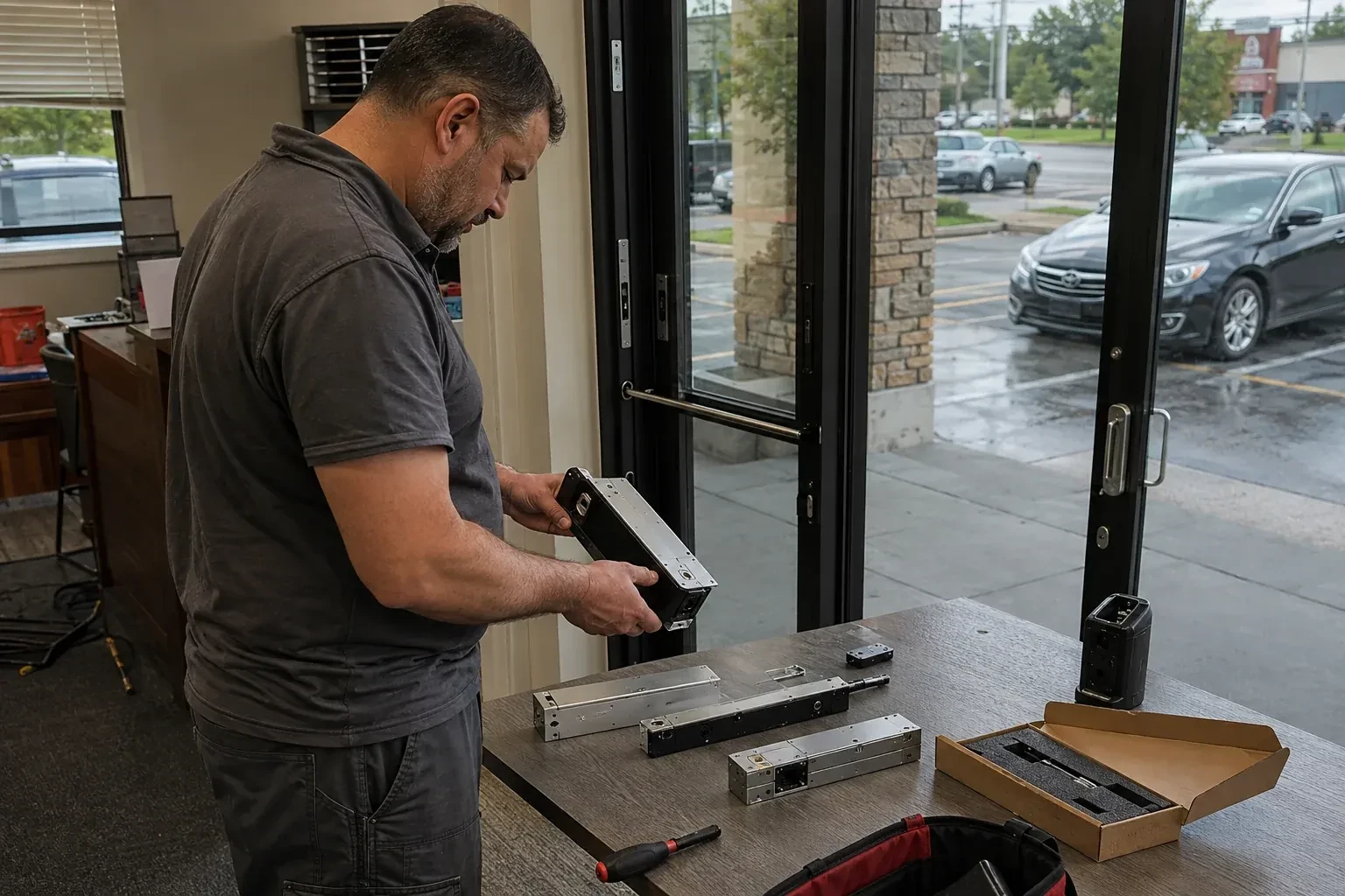 Person holding a rectangular door-hardware housing at a table with additional metal assemblies beside a glass entrance. — Access Control Installation, Oakville