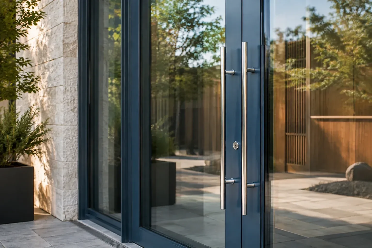 Dark-framed glass entrance doors with long silver-colored vertical pull handles and a round keyhole. — Business Lockout Service, Oakville