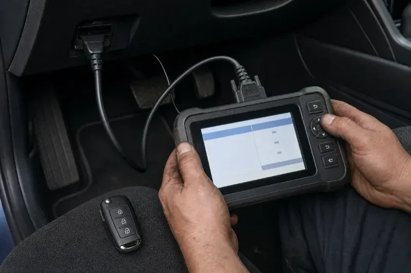Hands holding a diagnostic tablet connected beneath a car dashboard, with a key fob resting on the person’s leg. — Key Fob Programming, Oakville
