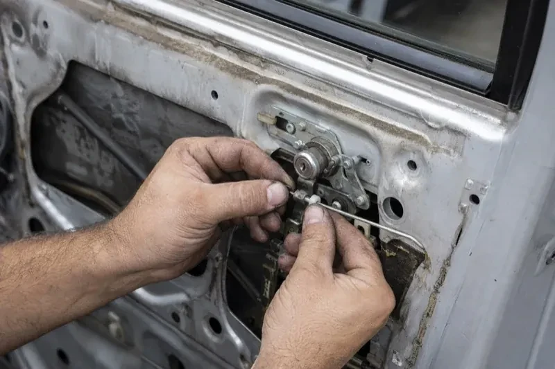 Hands holding a small linkage beside an exposed car-door lock mechanism with the interior trim removed. — Vehicle Lock Repair, Oakville