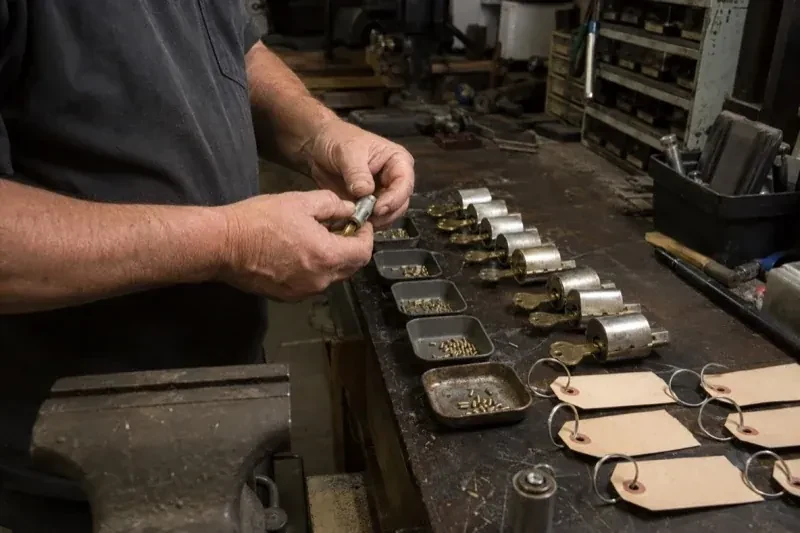 Person handling a lock cylinder at a workbench lined with cylinders, keys, small pin trays and blank key tags. — Commercial Rekeying, Oakville