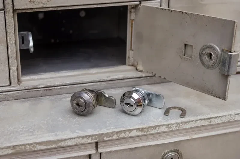 Two loose cam locks and a retaining clip resting below an open metal mailbox compartment. — Mailbox Lock Replacement, Oakville