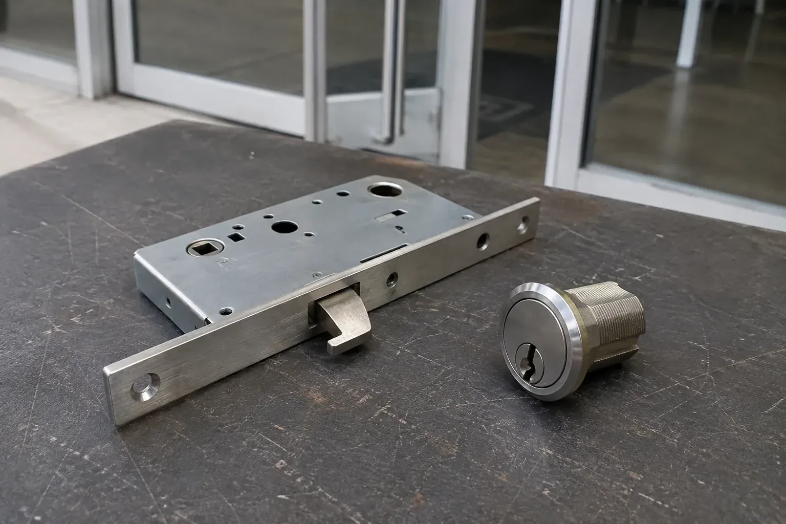 Detached mortise lock body with a projecting hook-shaped bolt beside a threaded cylinder. — Commercial-Grade Lock Replacement, Oakville