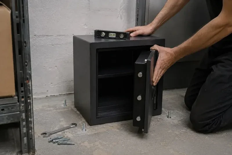 Person kneeling beside an open black safe with a spirit level on top and loose bolts and a wrench on the concrete floor. — Safe Installation & Servicing, Oakville