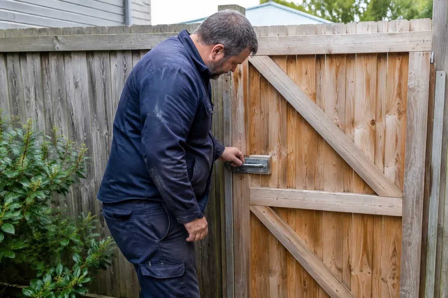 Person touching the sliding metal bolt on a wooden garden gate. — Gate & Building Entry Locks, Oakville