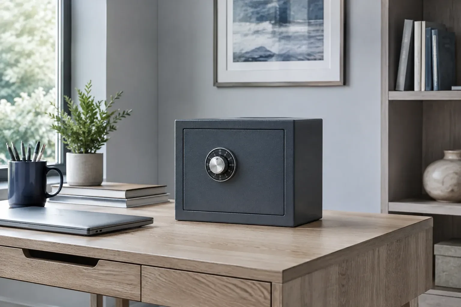 Small dark safe with a combination dial on a wooden desk beside a closed laptop and books. — Safe Opening & Combination Change, Oakville