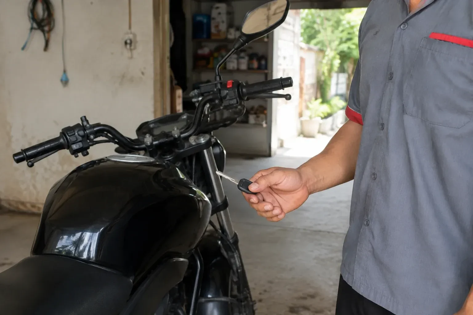 Technician holding a black-headed key beside a parked motorcycle. — Motorcycle & Scooter Keys, Oakville