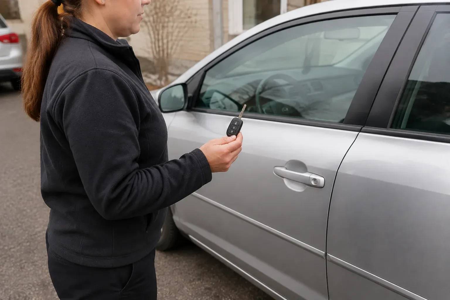 Technician holding a remote key with an extended blade beside a silver car. — Car Key Replacement, Oakville