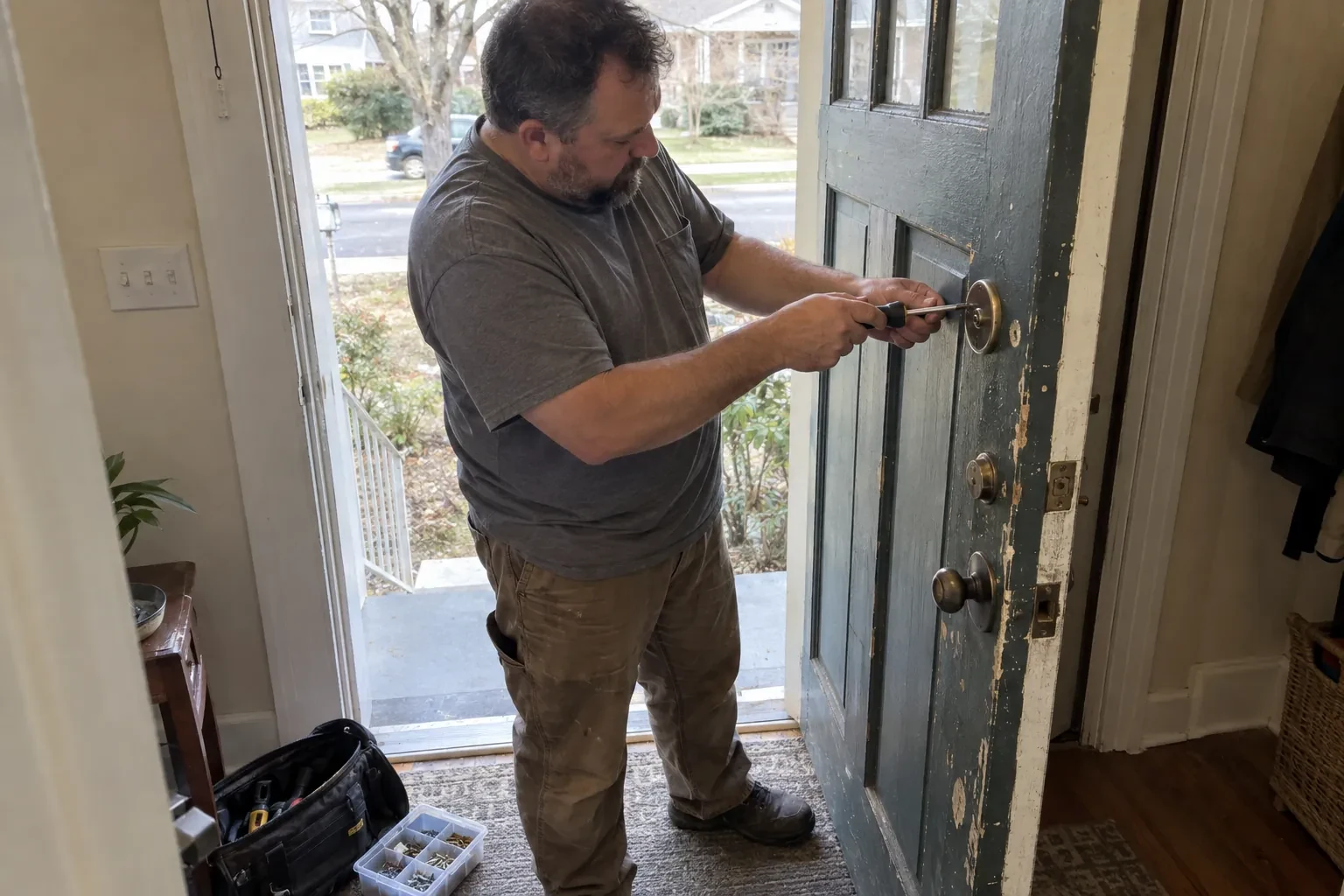 Technician using a screwdriver on the deadbolt of an open blue-gray front door, with a tool bag and screw tray nearby. — Deadbolt Installation, Oakville