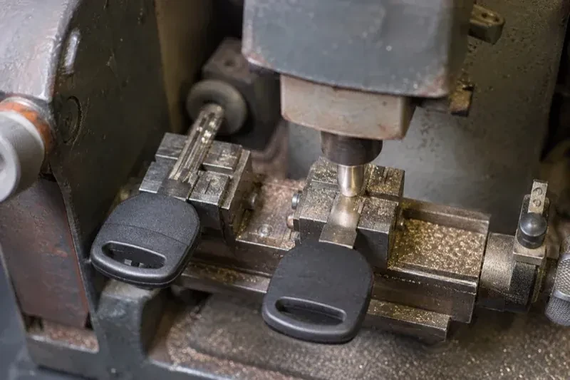Two black-headed keys clamped in a bench machine, one beneath a vertical cutter, with metal shavings around the clamps. — Spare Car Key Duplication, Oakville